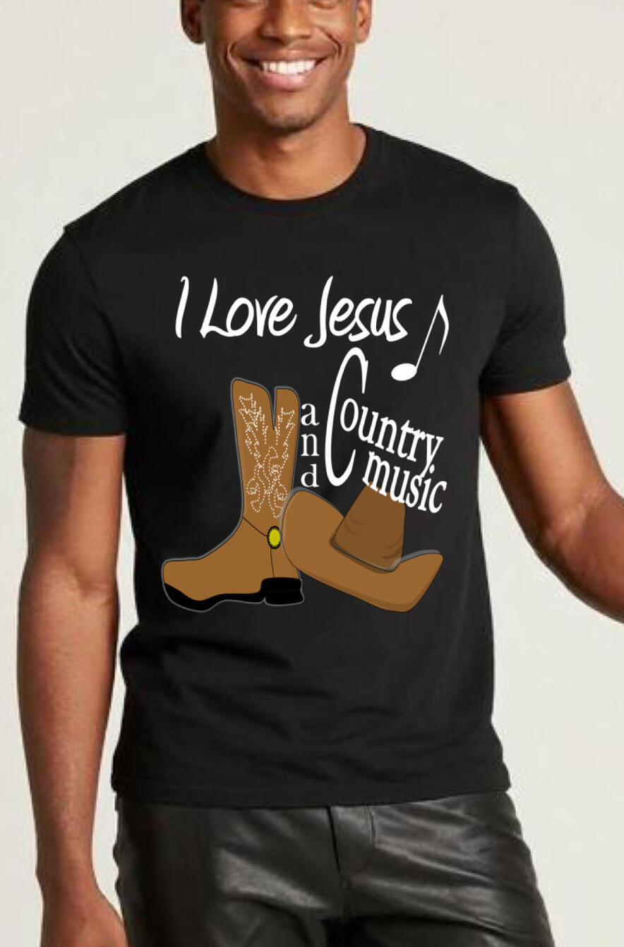 I Love Jesus and Country Music Christian T-shirt, features country boots, and musical note.