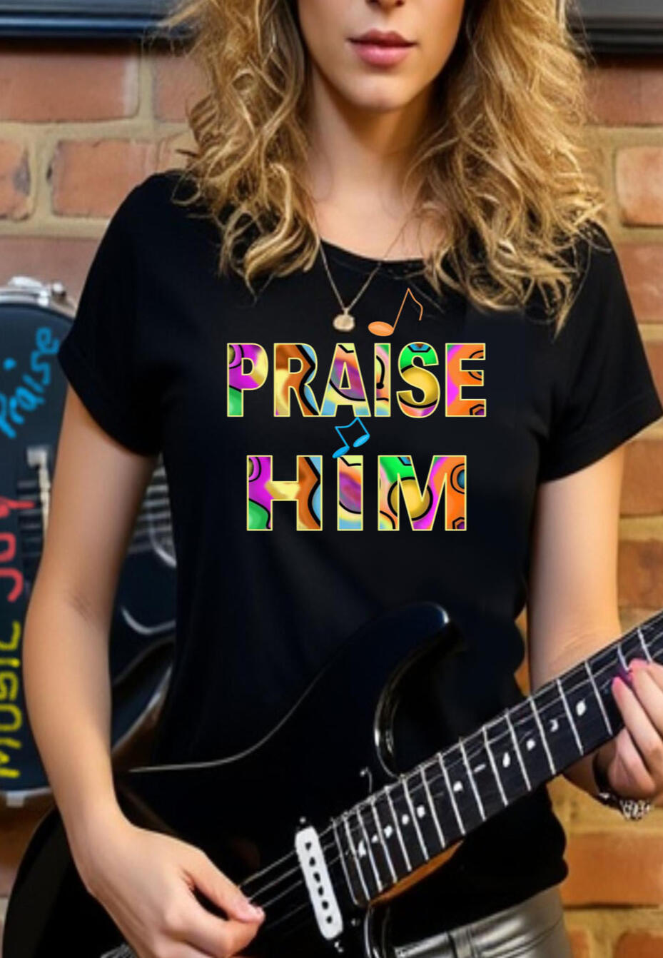Praise Him Christian T-shirt, featuring colorful abstract word art, and music note.