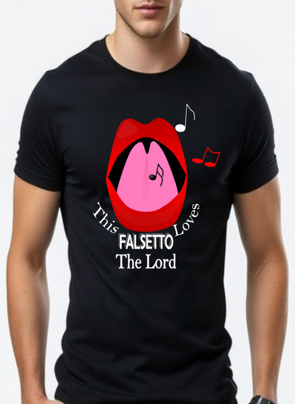 This Falsetto Loves The Lord Music Christian T-shirt, featuring Singing Mouth with flowing colorful music notes.