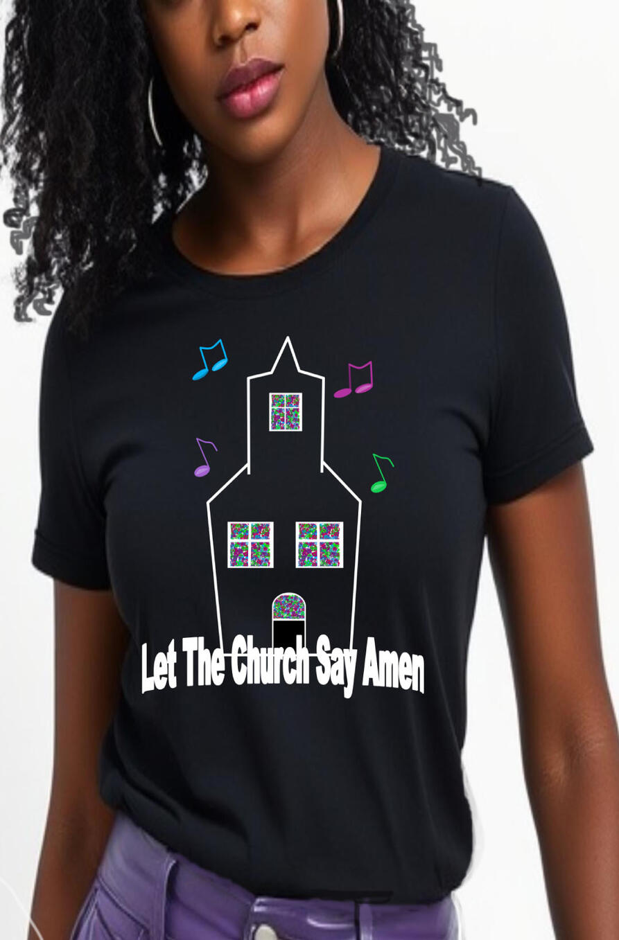Let The Church Say Amen Christian T-shirt, featuring a church silhouette with colorful windows and music notes.