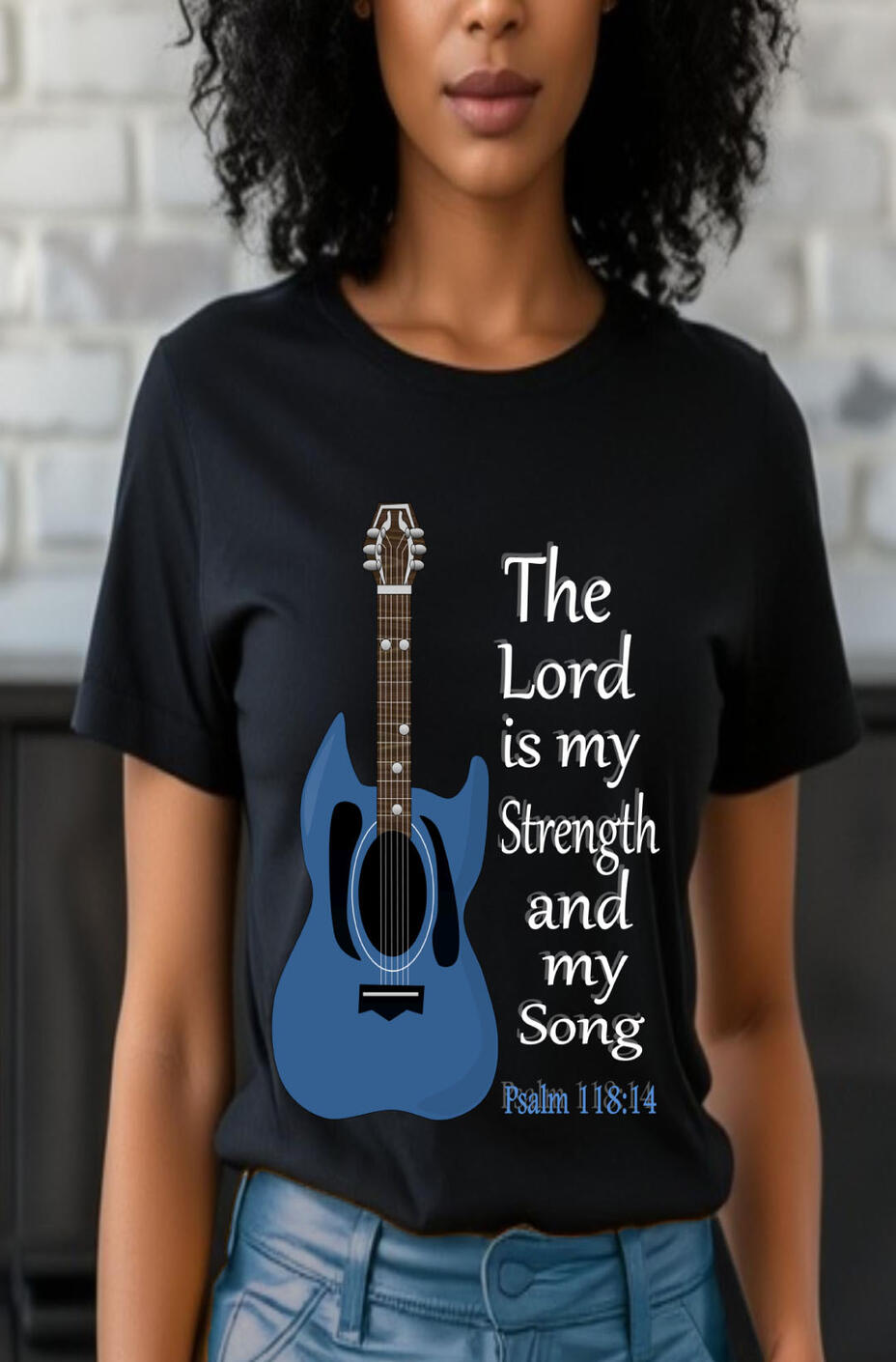 The Lord Is My Strength Christian T-shirt, featuring a blue guitar.