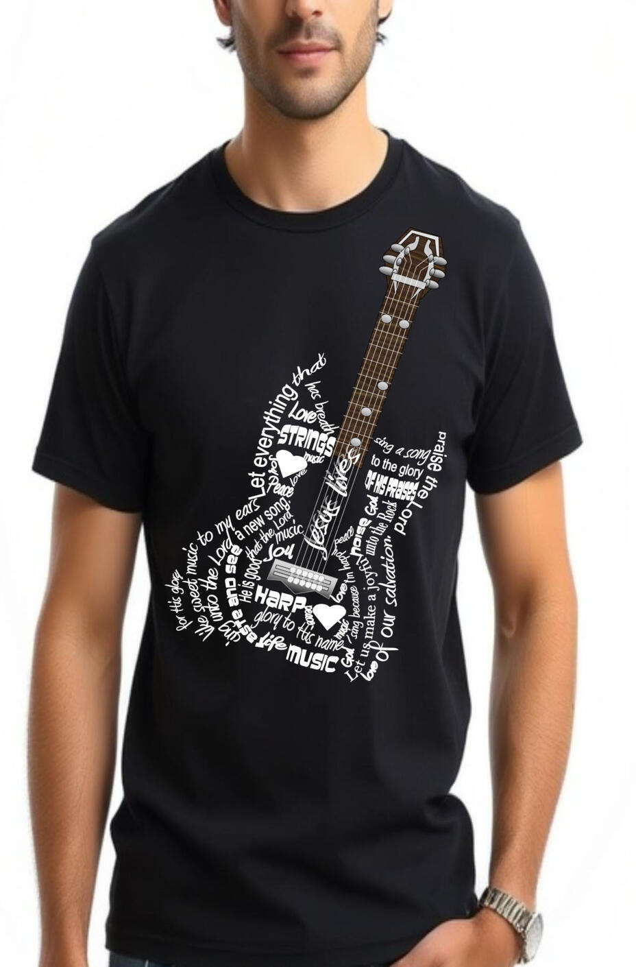 Strings of Praise Word Art Christian T-shirt. Featuring word art in the shape of a guitar.