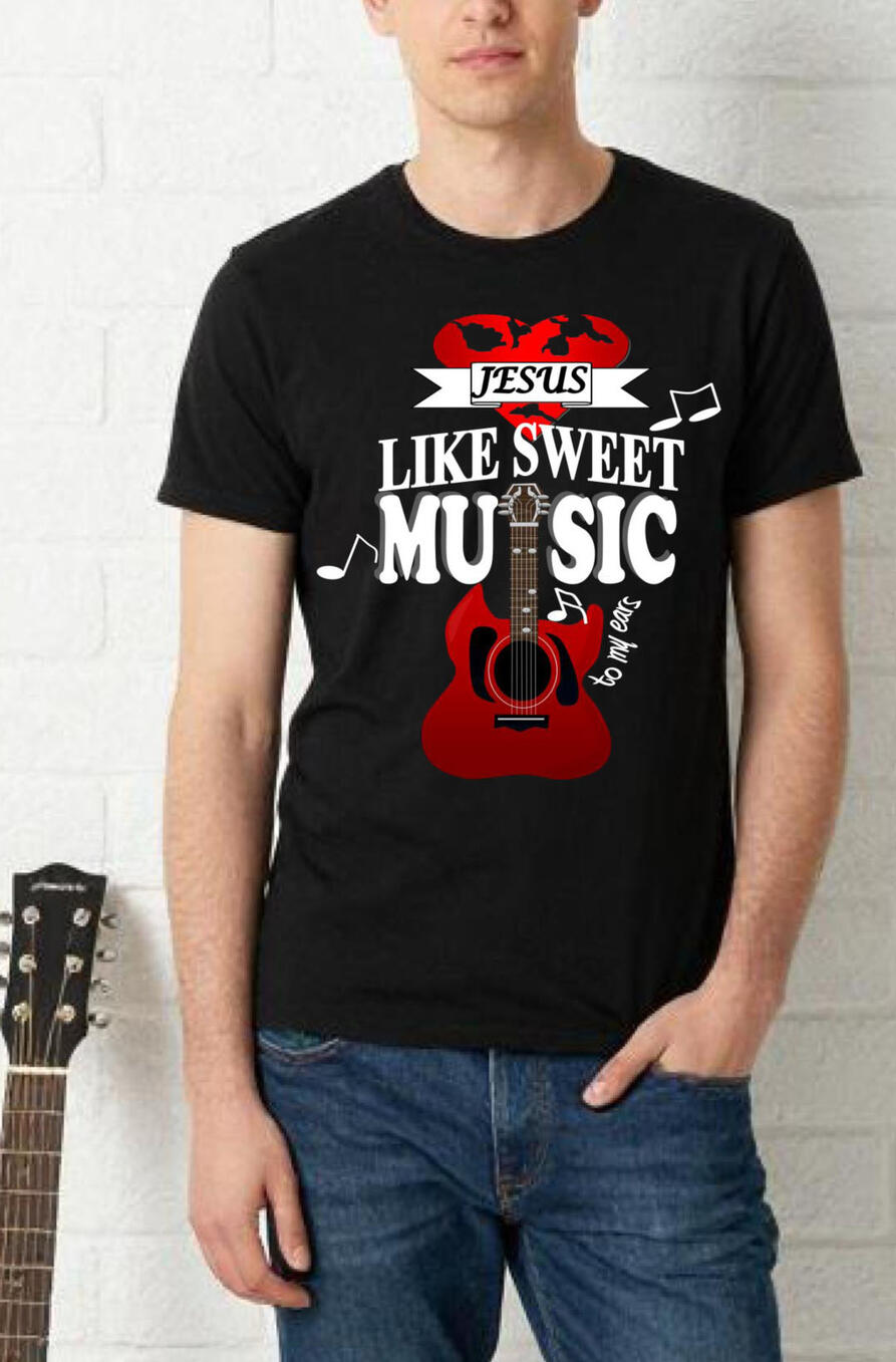 Jesus Like Sweet Music To My Ears Christian T-shirts, featuring a distressed heart, and a red guitar with music notes.