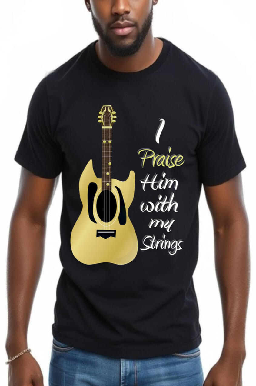 I Praise Him With My Strings Guitar Music T-shirt. Featuring a gold guitar.