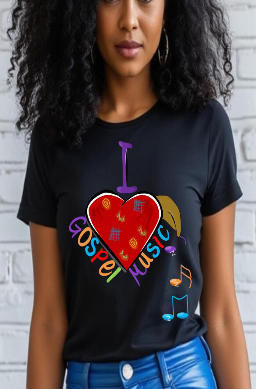 I Love Gospel Music Christian T-shirt for women. Featuring a heart with a hand dangling a music note.