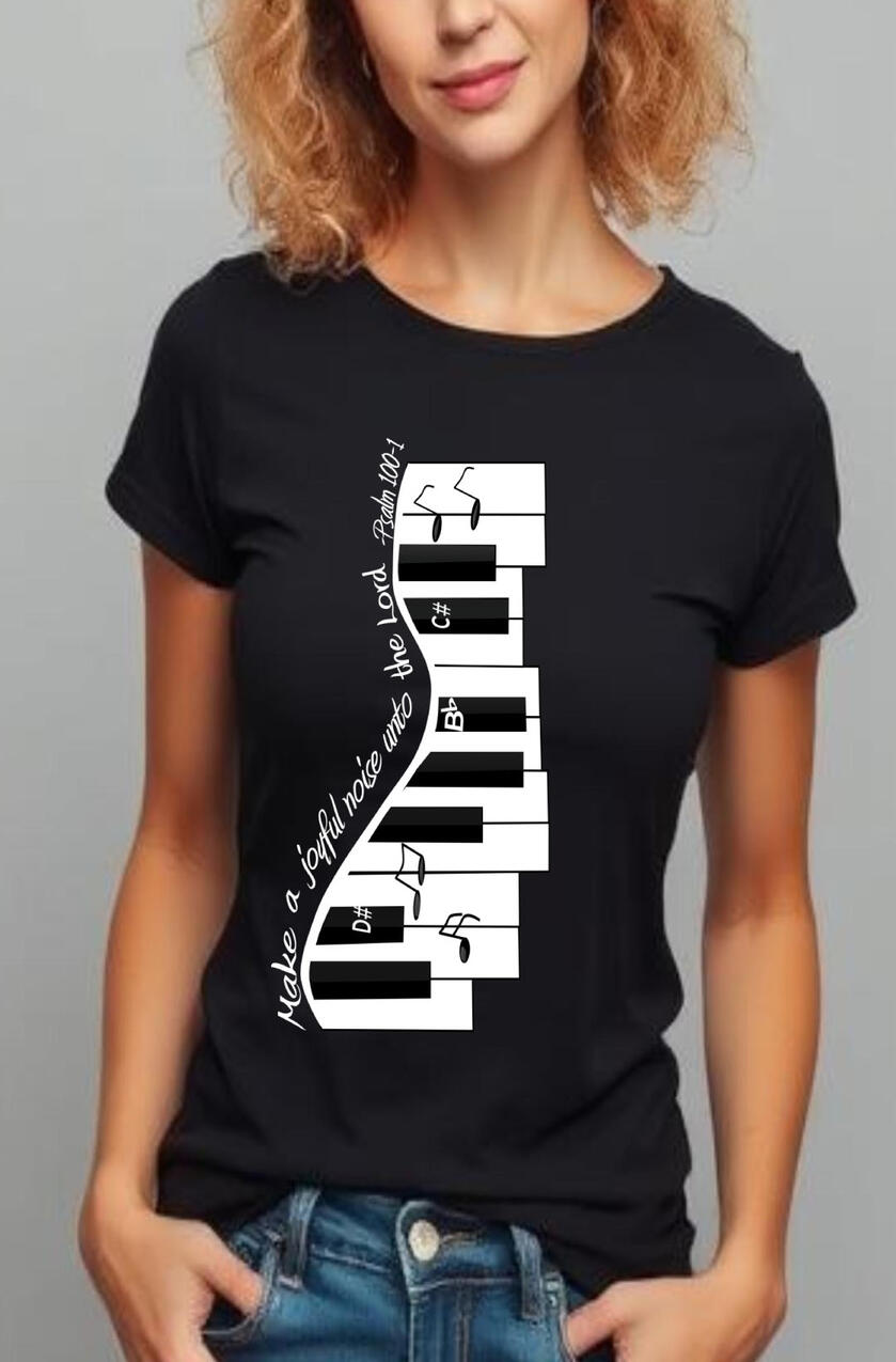Make A Joyful Noise Unto The Lord Christian Music T-shirt. Features a black and white keys, with musical notes.