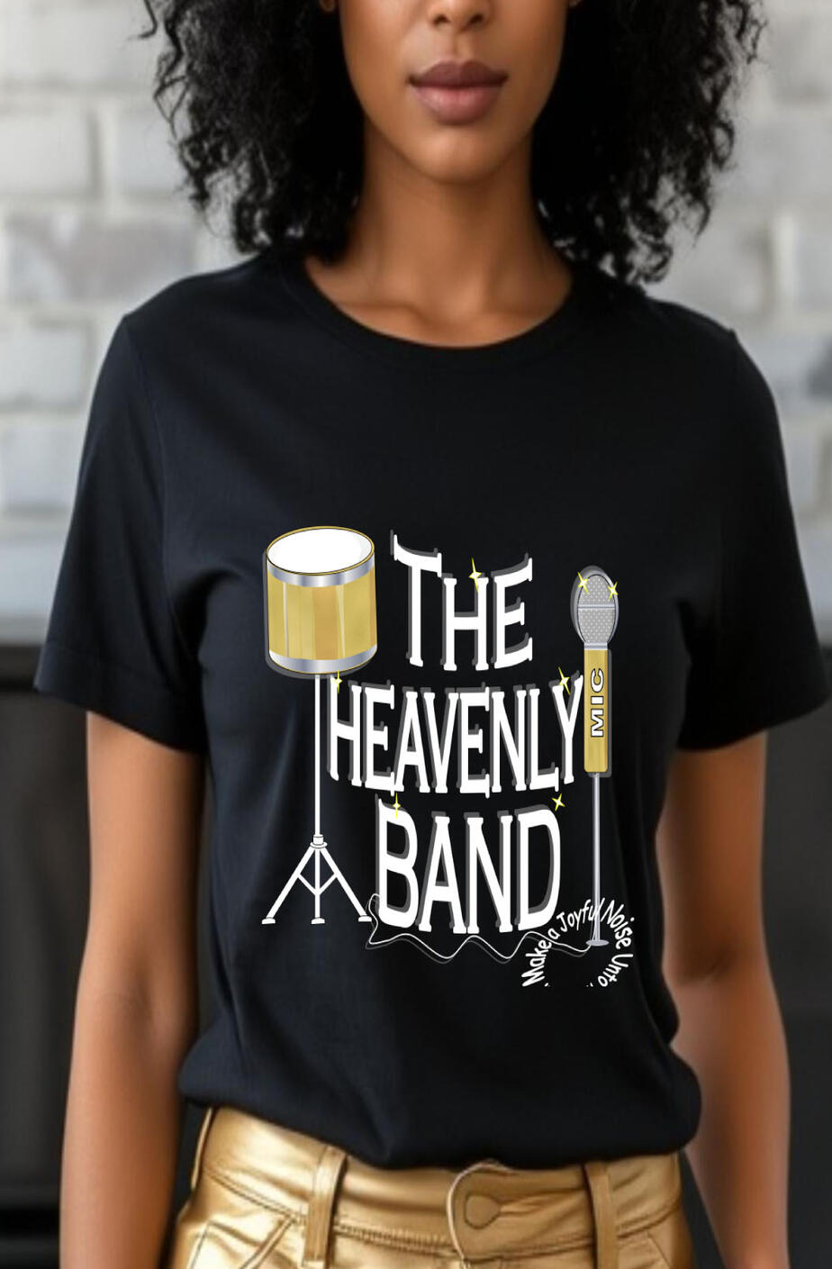 The Heavenly Band Christian T-shirt, featuring a gold drum and microphone.