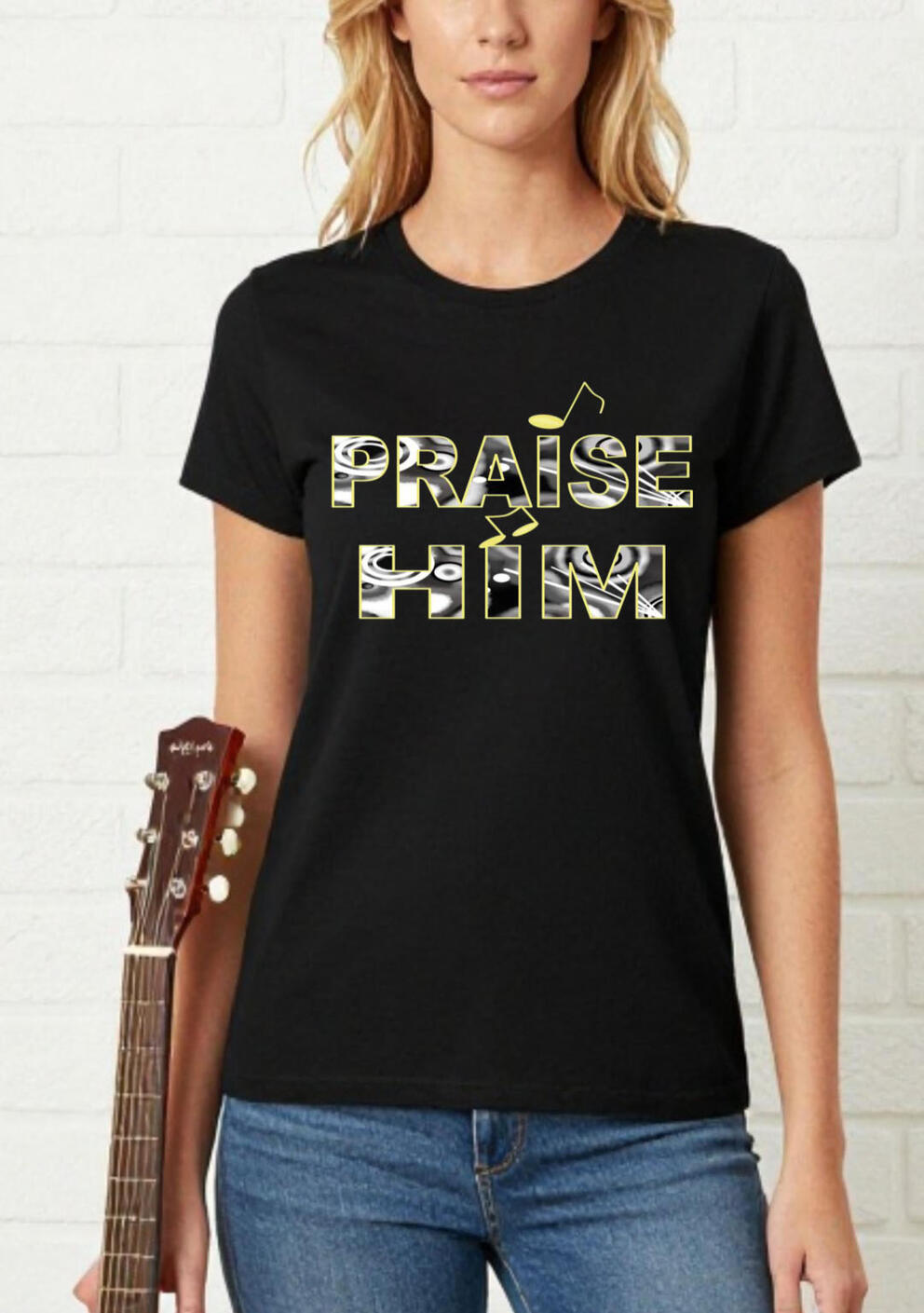 Praise HIm Christian T-shirt, featuring colorful word art, with music notes.