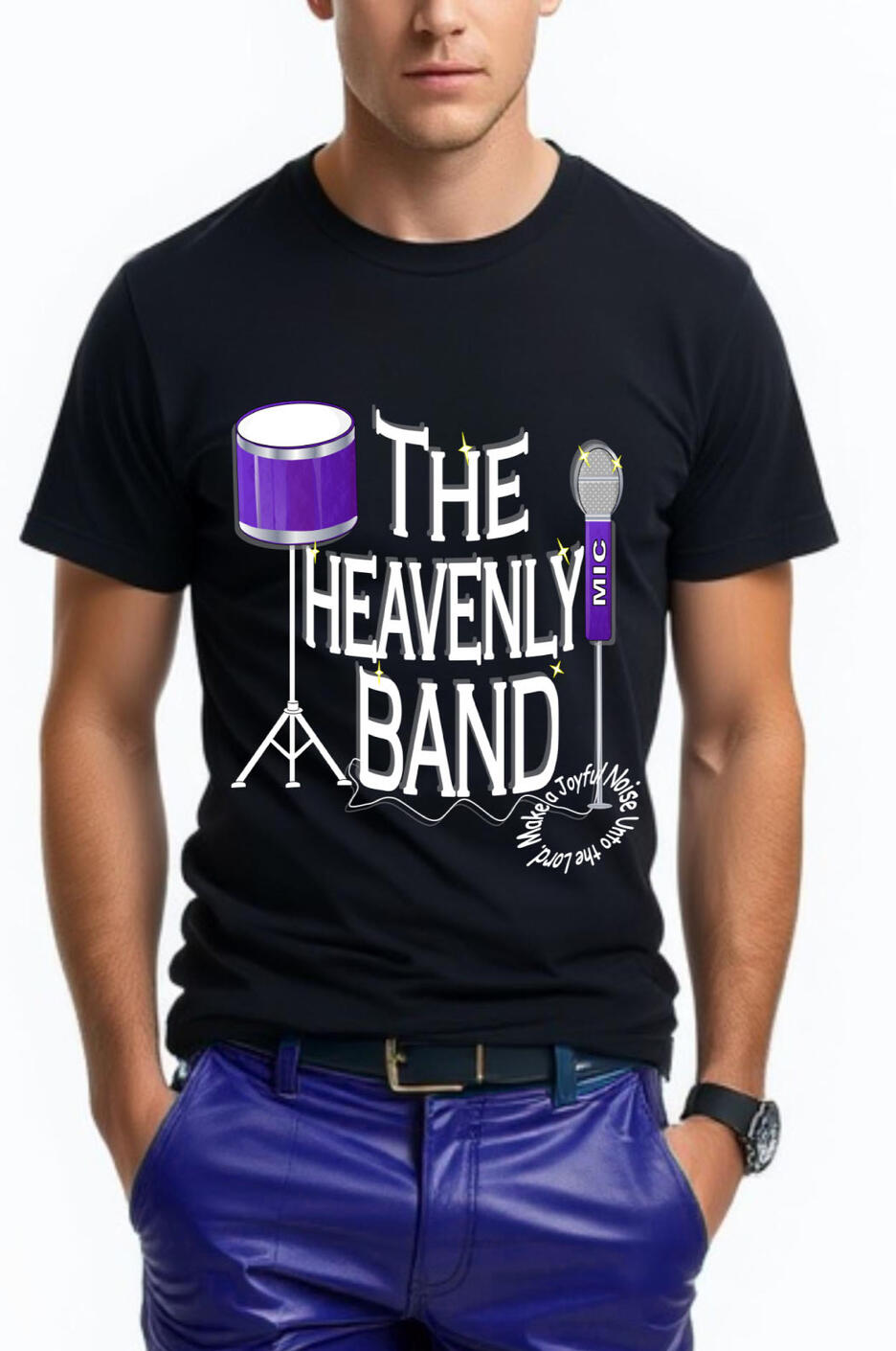 The Heavenly Band Christian T-shirt, featuring a royal blue drum and microphone.