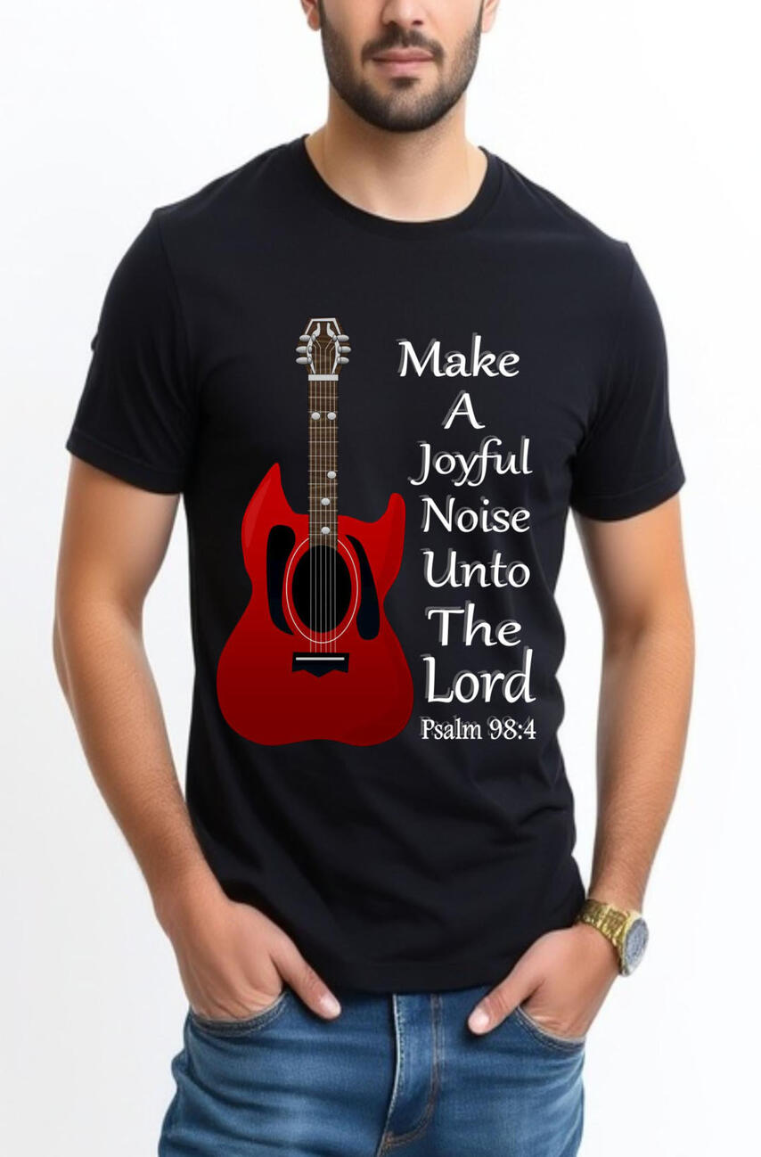 Make A Joyful Noise Unto The Lord Men's Christian T-shirt. Featuring a Red Guitar.