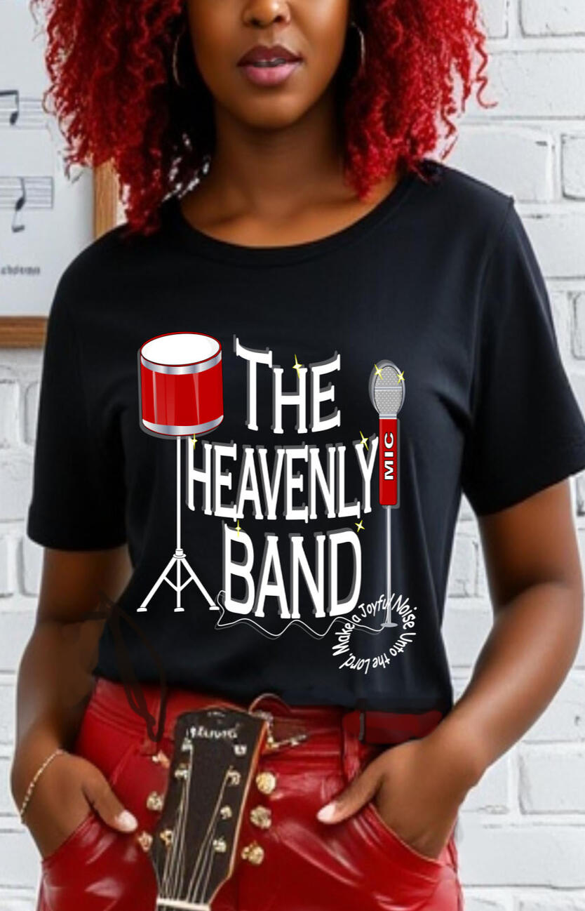 The Heavenly Band Women's Christian T-shirts. Featuring a red drum and microphone stand.