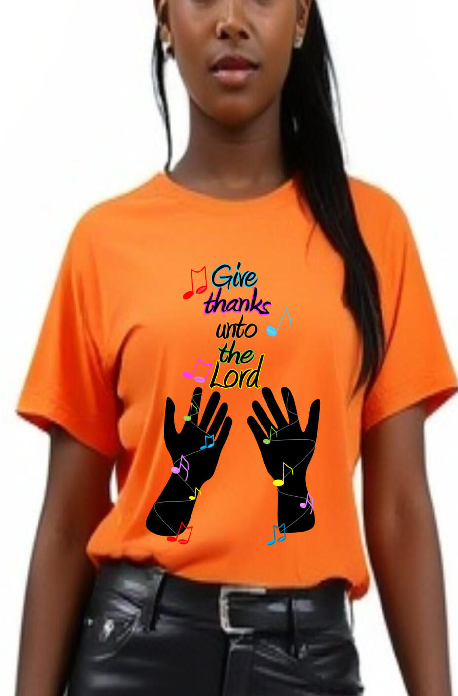 Give Thanks Unto The Lord Christian Women's T-shirt. Featuring a silhouette of hands and musical notes.