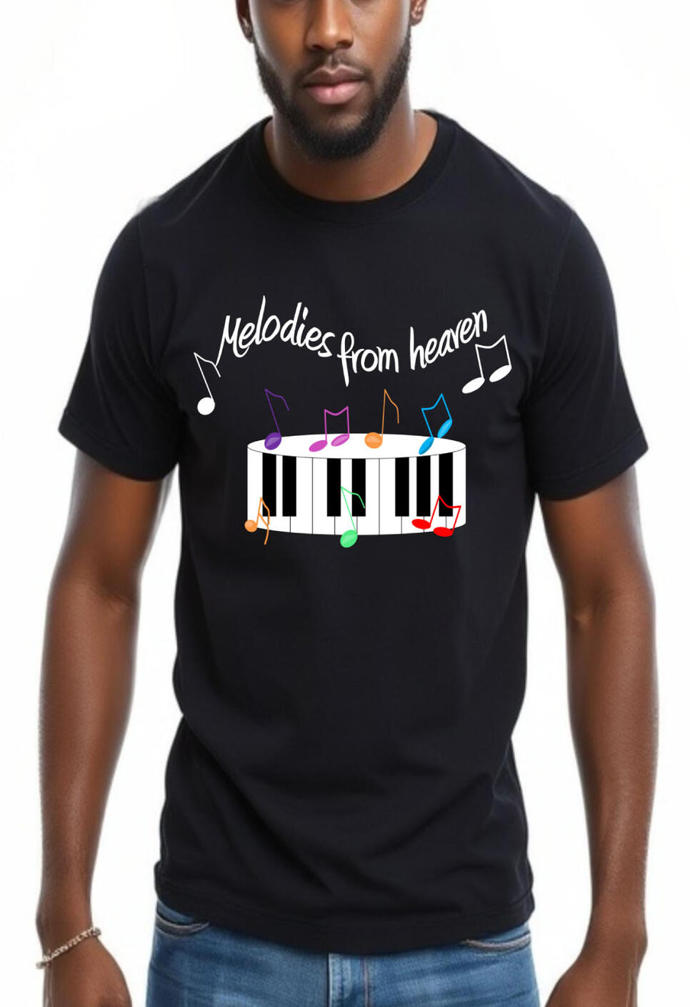Melodies From Heaven Music Keyboard Christian T-shirt. Featuring a round keyboard with colorful music notes.