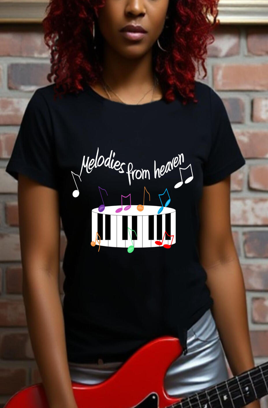Melodies From Heaven Music Keyboard Christian T-shirt. Featuring a round keyboard with colorful music notes.